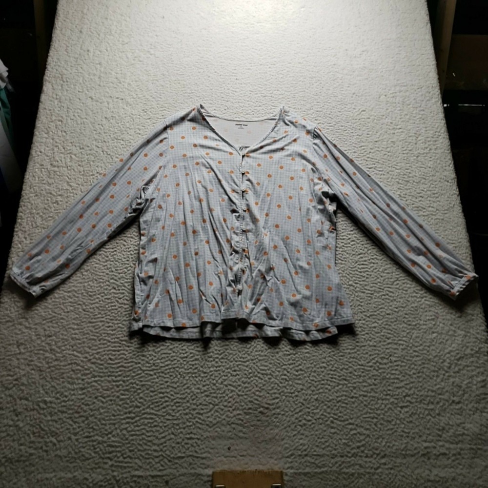 Lands' End Button Up Shirt Womens Plus 2X Polka Dot V Neck Long Sleeve Ruffle